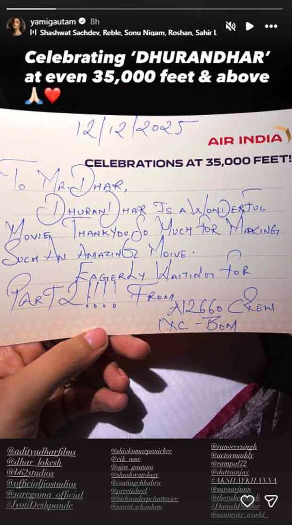 Yami Gautam shares heartwarming note from airline staff celebrating Aditya Dhar’s Dhurandhar