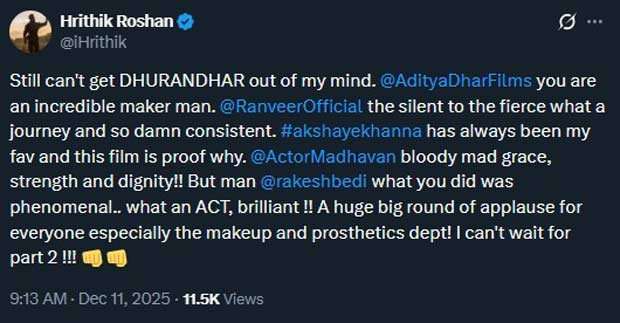 Hrithik Roshan says he “can’t wait for Dhurandhar Part 2”, a day after admitting he disagrees with the film’s politics