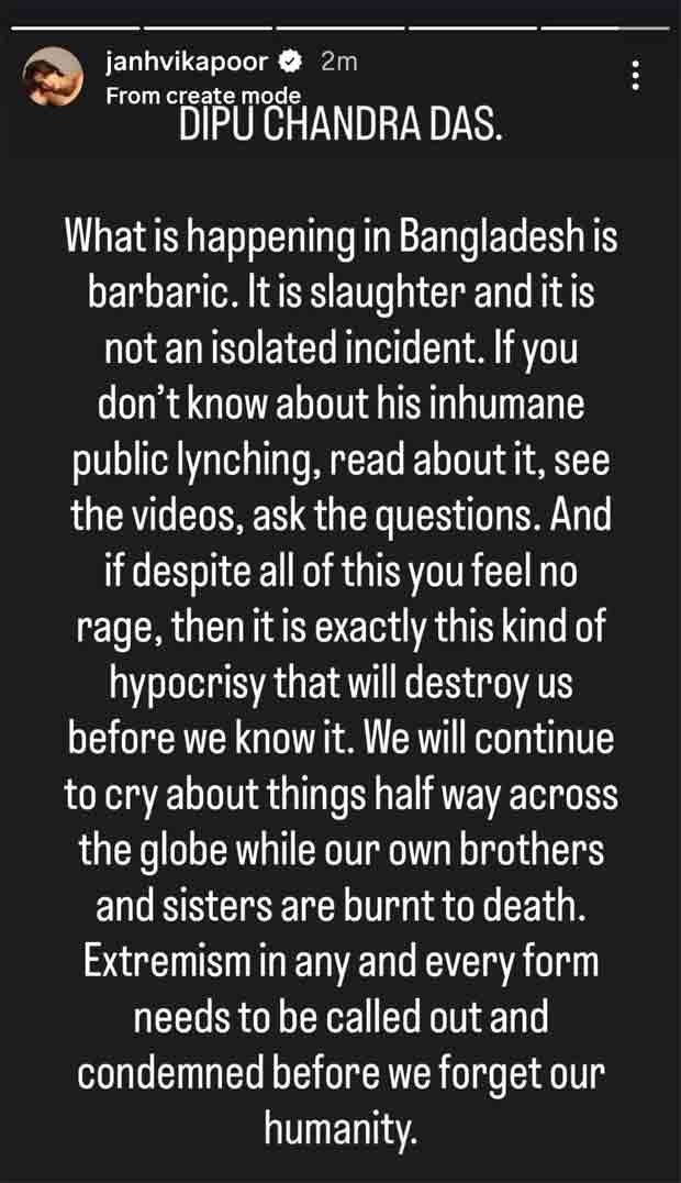 Janhvi Kapoor calls Dipu Chandra Das&rsquo; lynching in Bangladesh &ldquo;barbaric&rdquo;, demands accountability: &ldquo;Condemned before we forget our humanity&rdquo;
