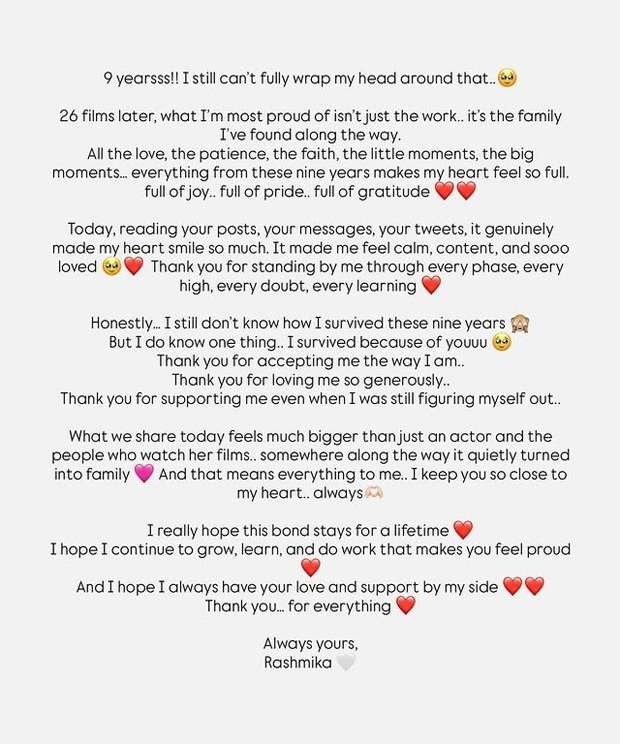 Rashmika Mandanna celebrates 9 years in cinema with emotional note: “I survived because of youuu”