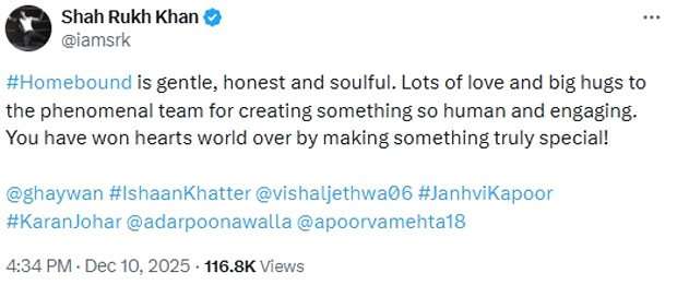 Shah Rukh Khan calls Homebound &ldquo;gentle, honest and soulful,&rdquo; ahead of its Oscars 2026 run