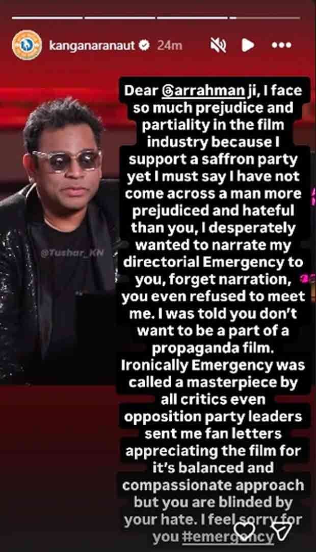 Kangana Ranaut calls AR Rahman &ldquo;prejudiced and hateful&rdquo; after his remark labelling Chhaava &ldquo;divisive&rdquo;: &ldquo;You are blinded by your hate&rdquo;