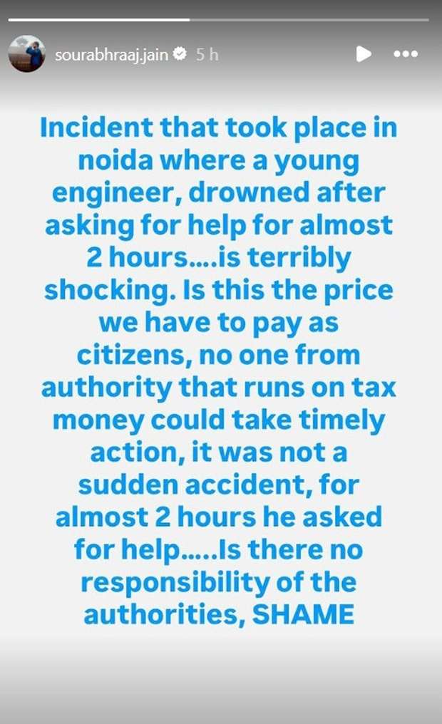 Sourabh Raaj Jain reacts STRONGLY to techie Yuvraj Mehta&rsquo;s tragic death in Noida: “Do the authorities bear no responsibility? SHAME” : Bollywood News - Bollywood Hungama