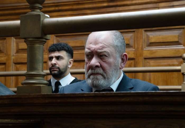 Bear in court in a scene from Emmerdale