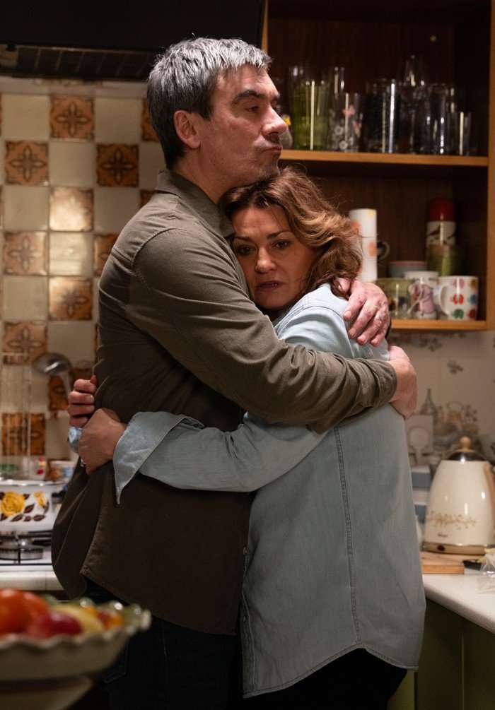 Moira and Cain hug in Emmerdale