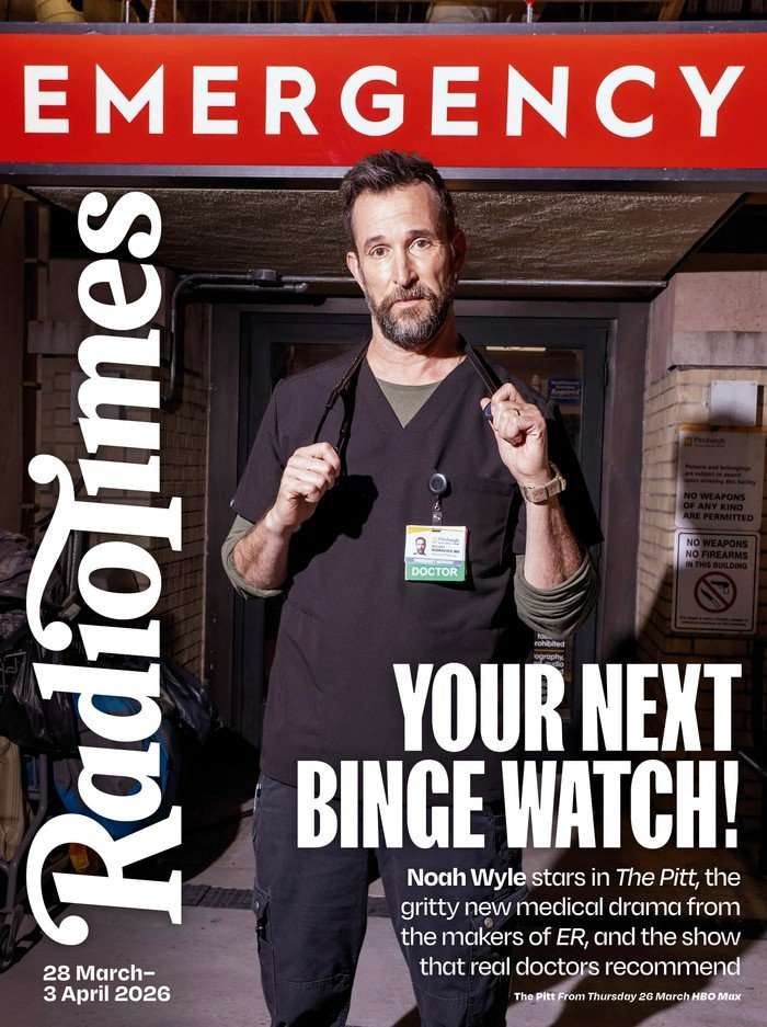 Noah Wyle on the cover of Radio Times, stood in front of an ER entrance.