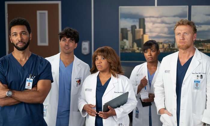 Anthony Hill, Niko Terho, Chandra Wilson, Alexis Floyd and Kevin McKidd in costume in a shot from Grey's Anatomy.