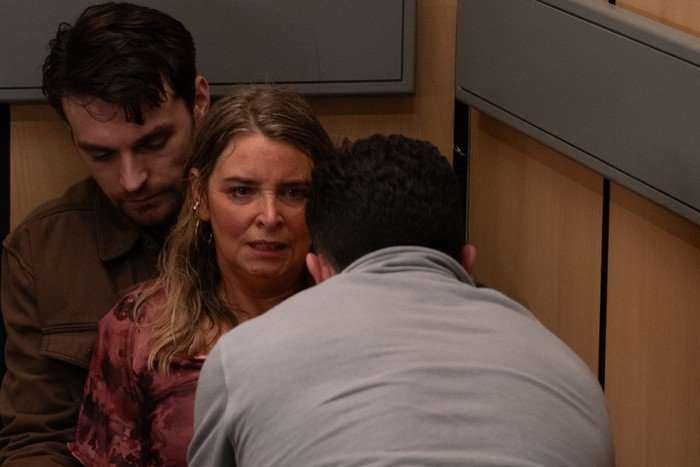 Ross and Mackenzie help Charity deliver her baby in a lift in Emmerdale