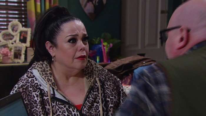 Mandy looks worried in a scene from Emmerdale