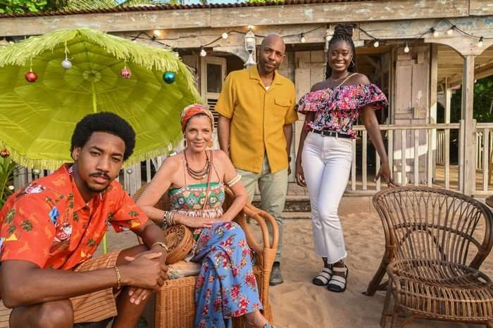 Shaquille Ali-Yebuah as Sebastian Rose, Elizabeth Bourgine as Catherine Bordey, Don Gilet as DI Mervin Wilson and Shanton Jackson as Naomi Thomas stood and sat around one another, smiling as they look ahead.