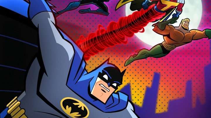 Batman leaping into action with Blue Beetle, Mr. Terrific, and Aquaman in Batman: The Brave and the Bold.