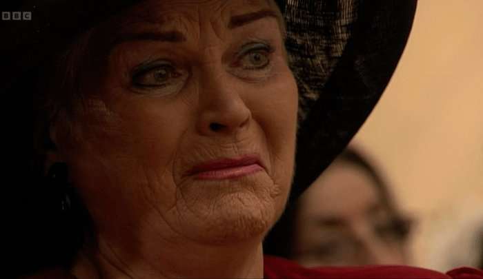 Pam St Clement as a crying Pat Evans in EastEnders in 2008.