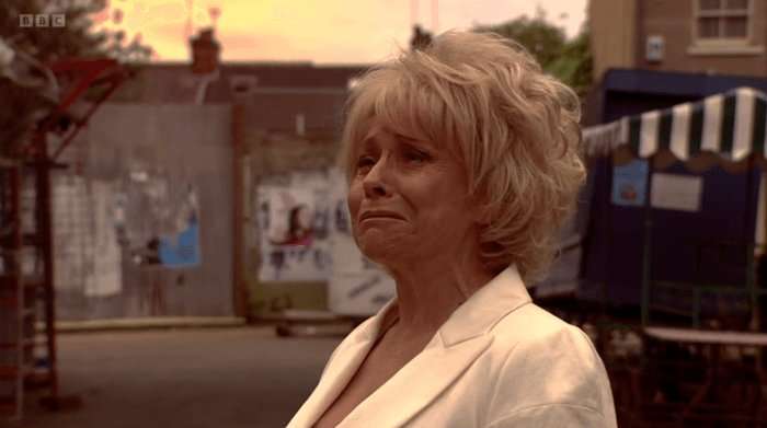Barbara Windsor as a crying Peggy Mitchell looking up in a scene from EastEnders in 2010.