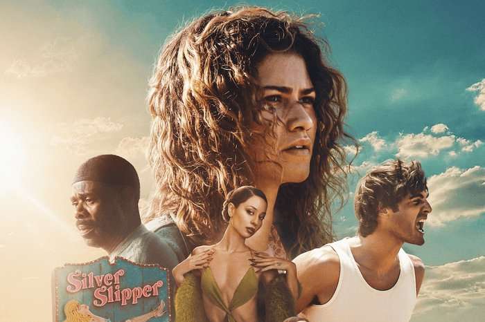 Euphoria season 3 post with Zendaya as Rue Bennett, Colman Domingo as Ali, Alexa Demie as Maddy Perez, and Jacob Elordi as Nate Jacobs against a sky background.