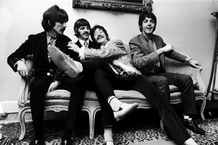The Beatles at the press launch for their new album 'Sergeant Pepper's Lonely Hearts Club Band', held at Brian Epstein's house at 24 Chapel Street, London, 19th May 1967. Left to right: George Harrison (1943 - 2001), Ringo Starr, John Lennon (1940 - 1980) and Paul McCartney. (Photo by John Downing/Getty Images)