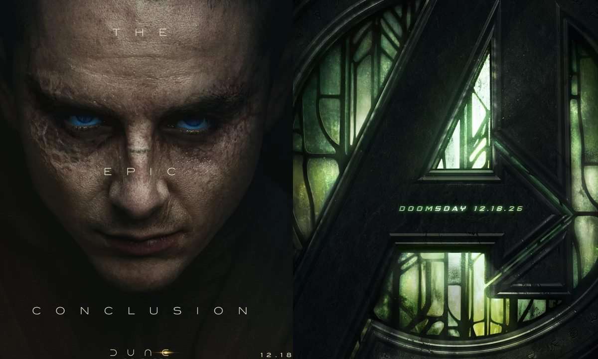 (L-R) Timothée Chalamet in a poster for the film, Dune: Part Three, and a poster for the film, Avengers: Doomsday.