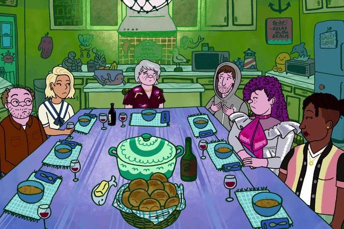 Paul Reiser as Elliot Cooper, Ben Feldman as Avi Schwooper, Angelique Cabral as Jen, Lisa Edelstein as Naomi Schwartz, Max Greenfield as Yoshi Schwooper, Abbi Jacobson as Shira Schwooper and Nicole Byer as Kendra, sat around a dinner table