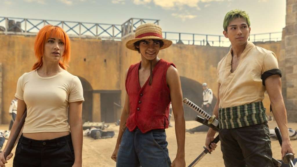 One Piece. (L to R) Emily Rudd as Nami, I&ntilde;aki Godoy as Monkey D. Luffy, Mackenyu Arata as Roronoa Zoro in season 1 of One Piece.