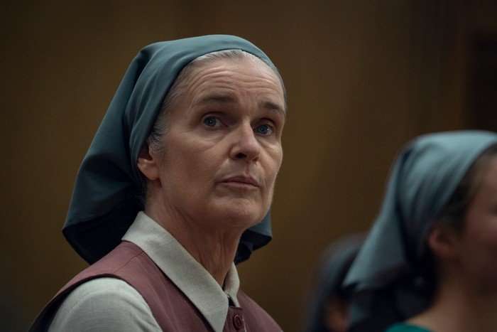 Siobhan Finneran in Unchosen, with a blue head covering.