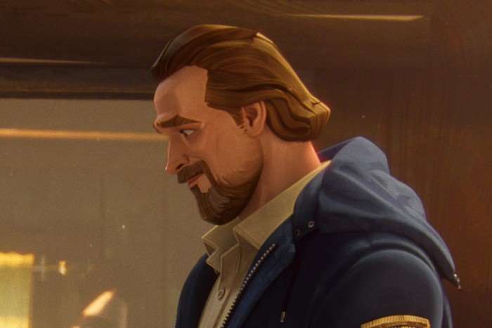 Brett Gipson as Jim Hopper in Stranger Things: Tales From '85, smiling and looking down.