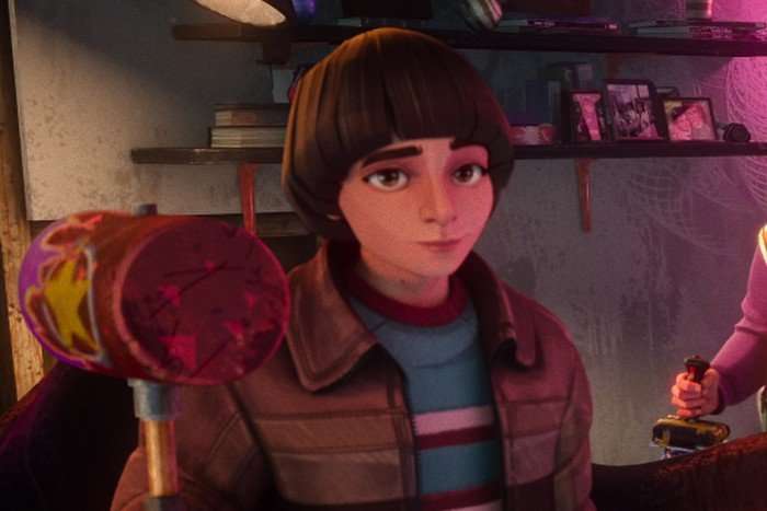 Benjamin Plessala as Will Byers in Stranger Things: Tales From '85, holding a large mallett.