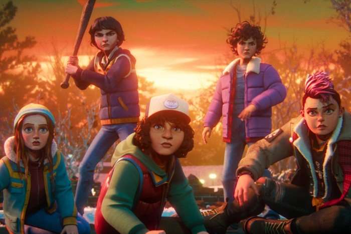 Jolie Hoang-Rappaport as Max, Luca Diaz as Mike, Braxton Quinney as Dustin, Brooklyn Davey Norstedt as Eleven and Odessa A'zion as Nikki in Stranger Things: Tales From '85. They are all animated characters, looking at something off screen. Mike and Eleven are stood at the back, with the others lying on their fronts in front of them.
