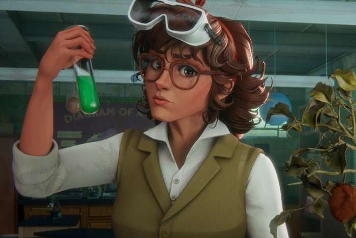 Janeane Garofalo as Anna Baxter in Stranger Things: Tales From '85, wearing glasses, with goggles on her head and holding a test tube with a green liquid in it.