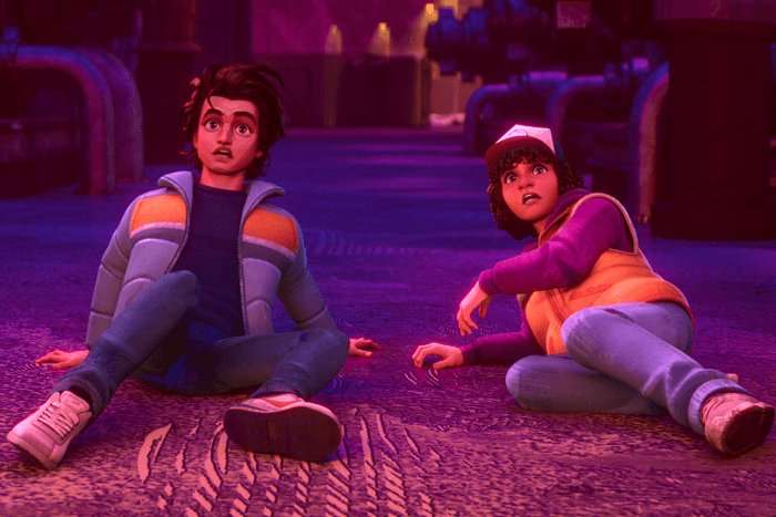 Jeremy Jordan as Steve and Braxton Quinney as Dustin in Stranger Things: Tales From '85