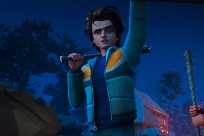 Jeremy Jordan as Steve Harrington in Stranger Things: Tales From '85, holding a bat behind his back and opening a car boot with his other hand, which he is looking down into.