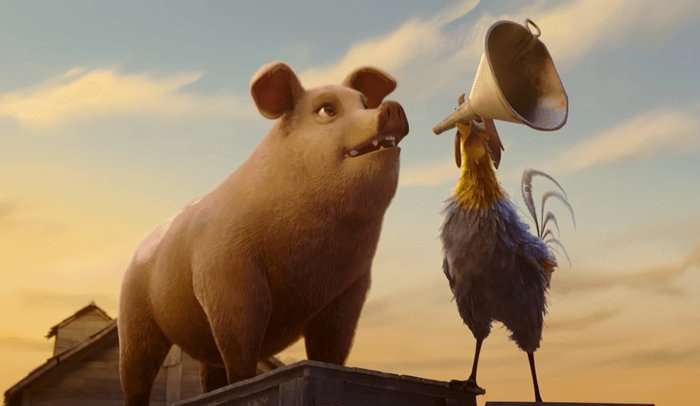 An animated big speaks into a megaphone, held by a rooster