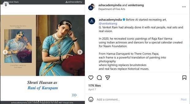 Shruti Haasan recreates Raja Ravi Varma&rsquo;s iconic muse in G Venket Ram&rsquo;s viral photo series; internet reacts