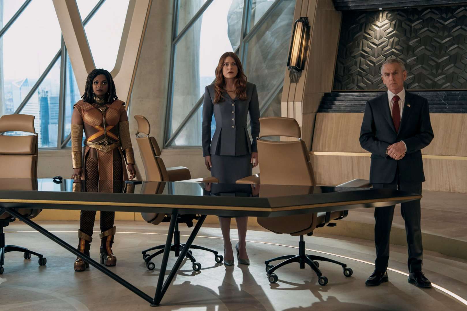 Susan Heyward (Sister Sage), Colby Minifie (Ashley Barrett), David Andrews (Steven Calhoun) in The Boys season 5.