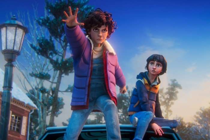 Brooklyn Davey Norstedt as Eleven and Luca Diaz as Mike in Stranger Things: Tales From '85