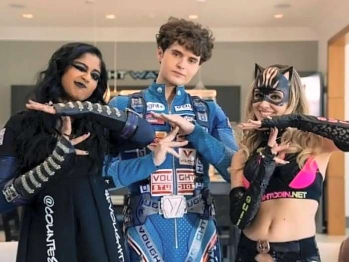 Maitreyi Ramakrishnan as Countess Crow, Dylan Colton as Jetstreak, and Emma Elle Paterson as Sheline in The Boys season 5