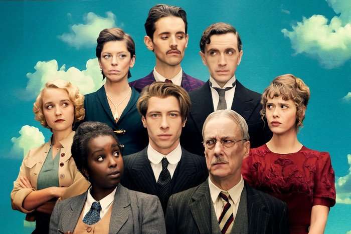 Florence Hall as Lee Miller, Donna Banya as DC Quant, I&ntilde;aki Mur as Salvador Dal&iacute;, Pierre Gervais as Ren&eacute; Magritte, Frank Bourke as Man Ray, Stephen Tompkinson as DCI John Thistletwaite and Mathilde Warnier as Georgette Magritte in This is Not a Murder Mystery, in front of a blue sky.