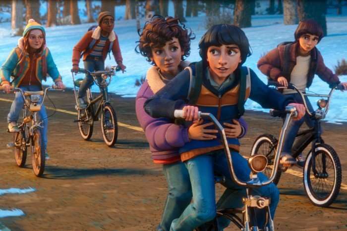 The animated cast of Stranger Things Tales from '85 all ride bikes on a snowy road. Will and Eleven share a bike in the picture's foreground.