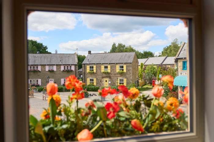 A view from one house looking towards two houses opposite. There are tulips on a window box at the front of view. The houses behind have yellow shutters on their windows, and a matching yellow door