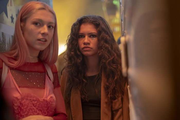Hunter Schafer as Jules Vaughn and Zendaya as Rue Bennett in Euphoria.