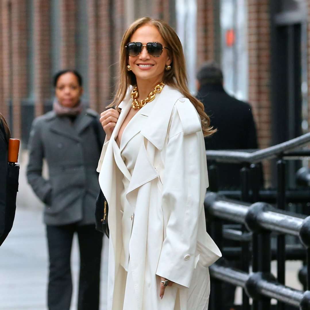 Jennifer Lopez Stuns In A White Business Suit With White Trench Coat Filming 'Office Romance' With Brett Goldstein In Hoboken, Nj 07 Apr 2025
