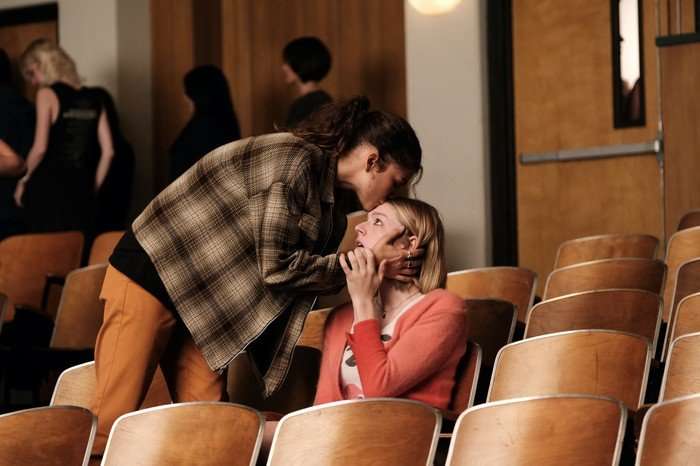 Zendaya as Rue Bennett kisses Hunter Schafer as Jules Vaughn on the head in Euphoria