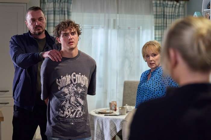 04_06_coro_brody_arrest A police officer arrests Brody as Sally watches on in Coronation Street