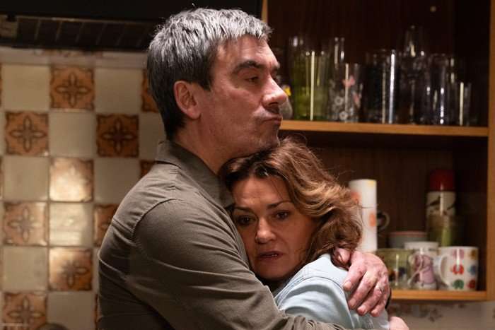 Moira and Cain hug in Emmerdale