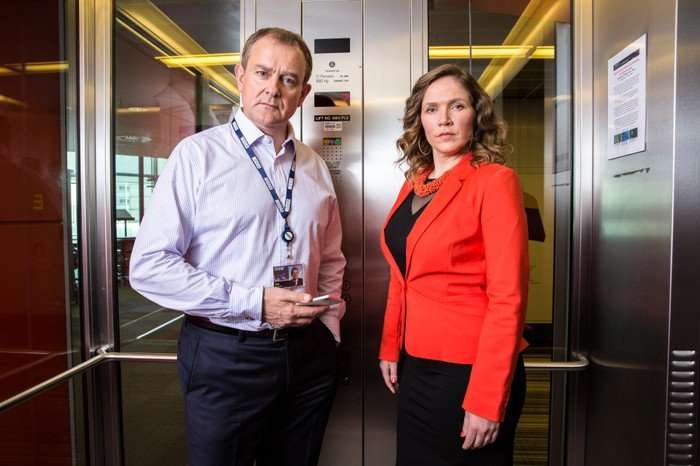 w1a Hugh Bonneville and Jessica Hynes photographed as their W1A characters