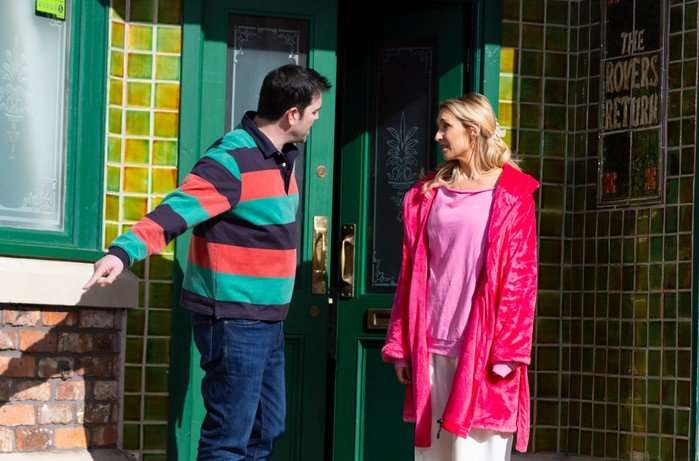 Ben and Eva stood outside of the Rovers in Coronation Street