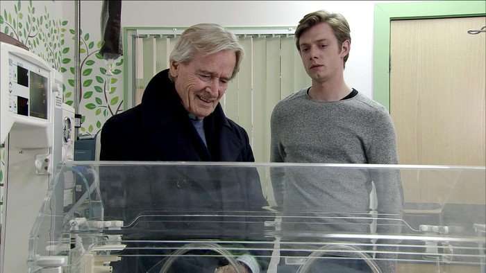Daniel and Ken in a hospital in a scene from Coronation Street