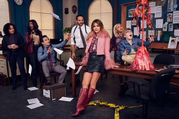 Judy Reyes as Selena, Javicia Leslie as Daphne, Deniz Akdeniz as Lev 'Oz' Osman, Daniel Sunjata as Karadec, Kaitlin Olson as Morgan, Amirah J as Ava and Matthew Lamb as Elliot in High Potential in a police office