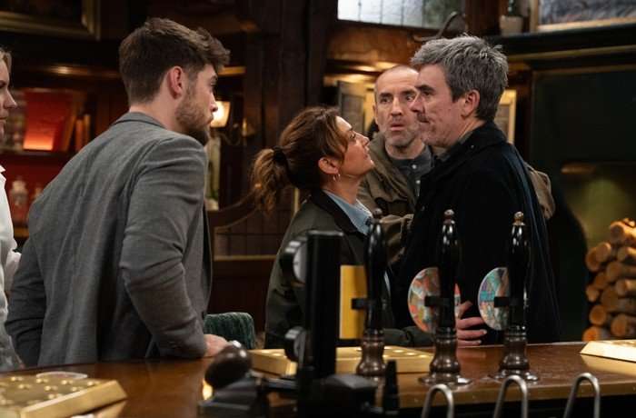 Moira has to stop an argument between Joe, Cain and Sam in Emmerdale