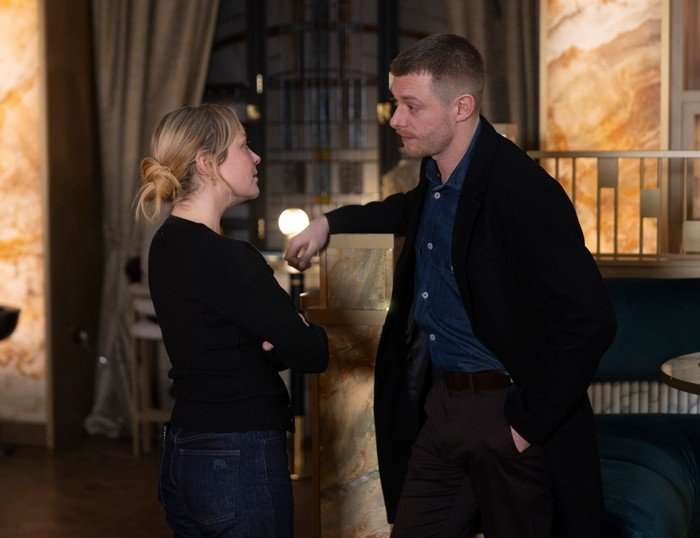 Daniel and Megan talking at the bar of the Chariot Square Hotel in Coronation Street