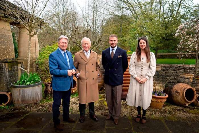 Alan Titchmarsh, King Charles III, David Beckham and Frances Tophill standing in a garden