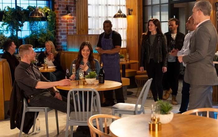 David and Shona approach Daniel and Jodie in the bistro in Coronation Street